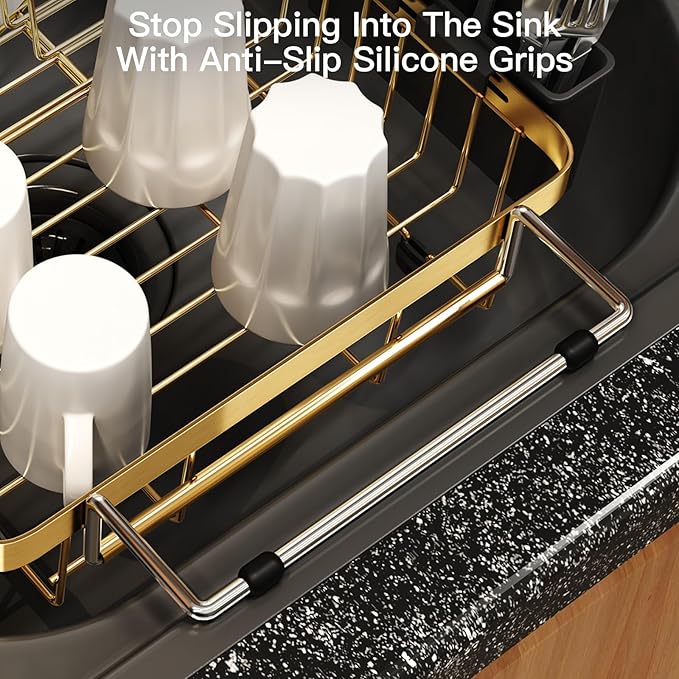 MAJALiS Dish Drying Rack Over The Sink, Expandable Stainless Steel Dish Drainer for Small Kitchen Counter Space Saving, RV Compact Plate Strainer in Gold Metal with Hanging Adjustable Utensil Holder