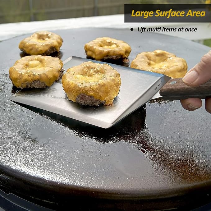 Extra Wide Spatula, Large Metal Spatula with Full Tang Wooden Handle & Beveled Edges for Skillets, Griddles & Grills, Pancake Flipper Turner, Smash Burgers Turner, 6 x 5-inches