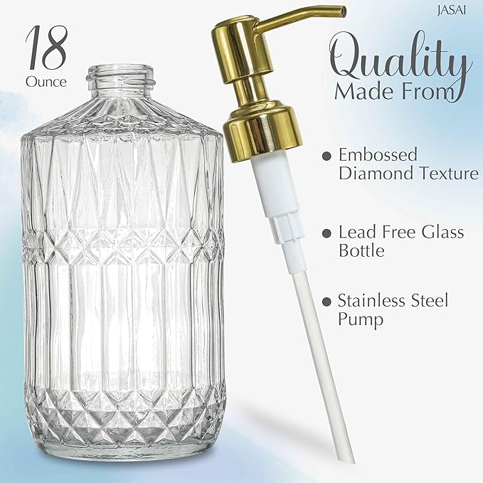 JASAI 18Oz Dazzling Clear Glass Soap Dispenser with Golden Pump for Bathroom, Refillable Kitchen soap Dispenser for Dish Soap, Bathroom Soap Dispenser for Hand Soap, Lotion.(Golden)