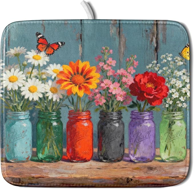 Small Dish Drying Mat for Kitchen Counter 16x18, Spring Summer Floral Decorative Absorbent Reversible Microfiber Kitchen Countertop Protector Dishes Drainer Pad