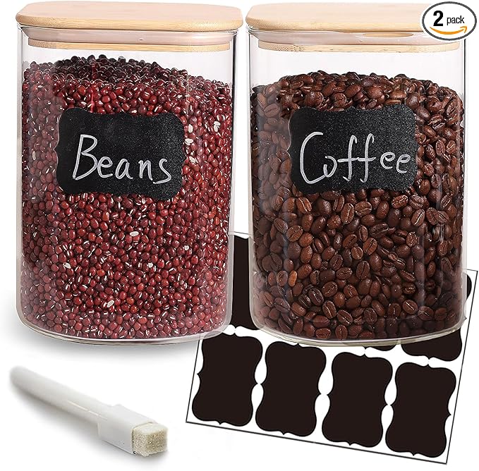 Large Glass Flour and Sugar Containers, Set of 2-120 oz Glass Food Storage Containers with Airtight Lids, Square Jars with Bamboo Lids for Rice, Pasta, Cookies, Sugar