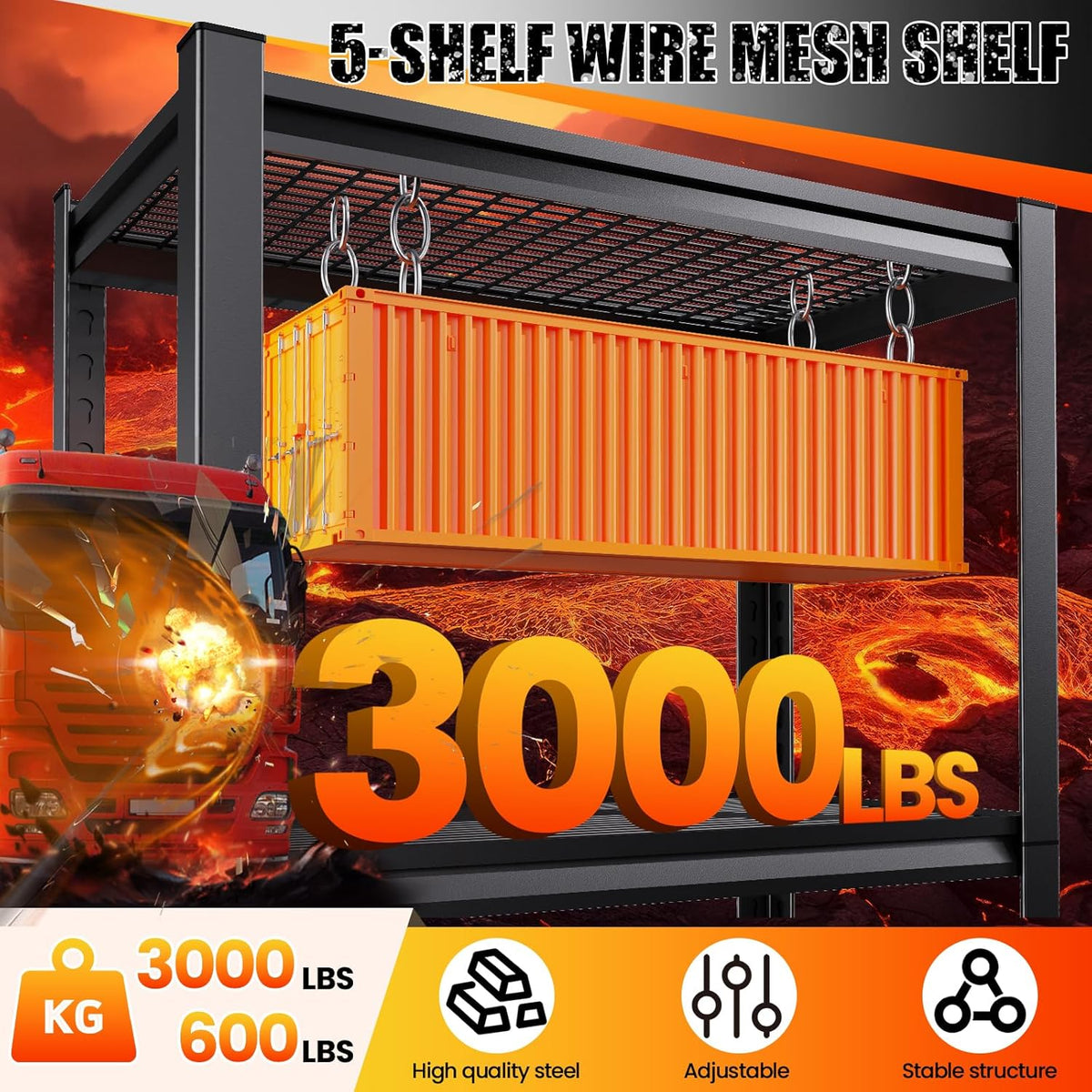 Large Garage Shelving, 5-Tier Garage Storage Shelves 3000LBS Heavy Duty Shelving Unit, Adjustable Steel Metal Shelving, Wire Shelves for Garag, Utility Rack Shelf for Basement, 72”H×59”W×19.7”D