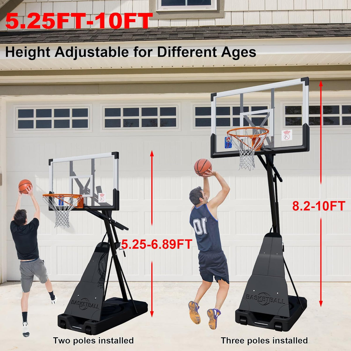 Basketball Hoop Outdoor with 44/54 Inch Shatterproof Backboard, 5.25-10FT Height Portable Basketball Hoop with Sandbag, Adjustable Basketball Goal System