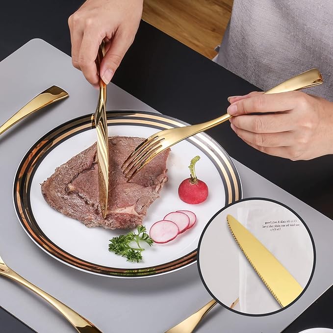 Lemeya 24-Piece Gold Silverware Set with Steak Knives,Forged 18/10 Stainless Steel Cutlery Set for 4,Modern Heavy Duty Flatware Utensils Set,Fork Spoon and Knives Set, Mirror Polished,Dishwasher Safe