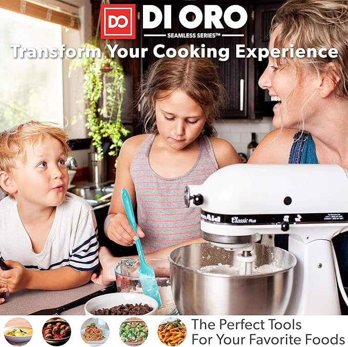 DI ORO Silicone Cooking Spoons - Large Mixing, Serving & Stirring - 600F Heat-Resistant Non-Stick - Big Solid & Slotted Basting Spoons - Dishwasher Safe (2pc, Teal)