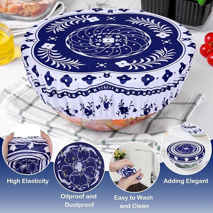 5 Pieces Bowl Covers Reusable, 5 Multi-Size Elastic Cloth Fabric Bowl Covers for Bread Proofing Stretch Food Covers Washable for Food Fruits Leftover (Blue)