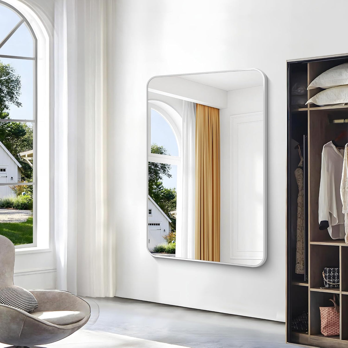 Silver Bathroom Mirror,55x36 inch Wall Mirror for Bathroom Wall Mounted,Rectangle Mirror for Bathroom Over Sink,Modern Frame Round Corner for Living Room,Bedroom Entryway,Horizontal/Vertical