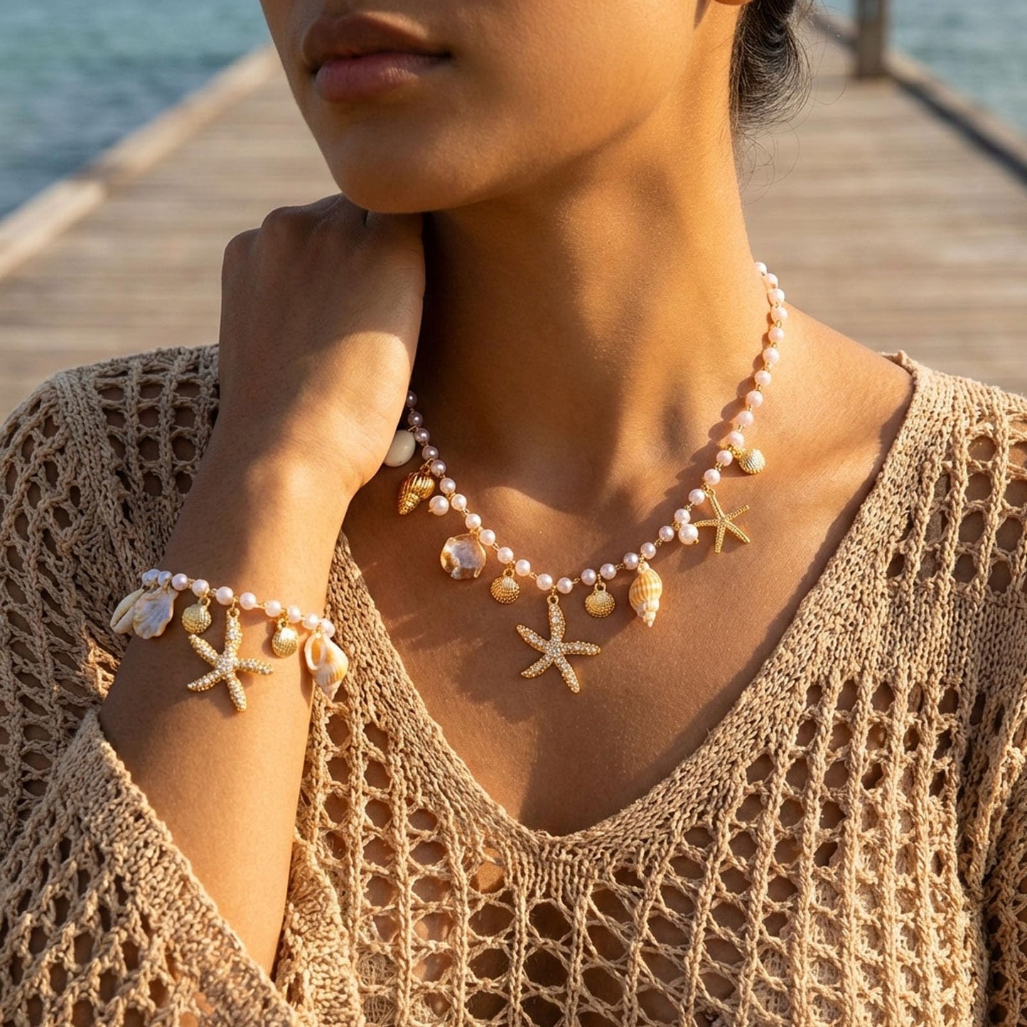 Gold Starfish Shell Necklace for Women Boho Layered Seashell Conch Shell Pearl Pendant Necklaces Set Bohemain Starfish Beach Necklaces Stack Beachy Summer Jewelry Outfits Accessories