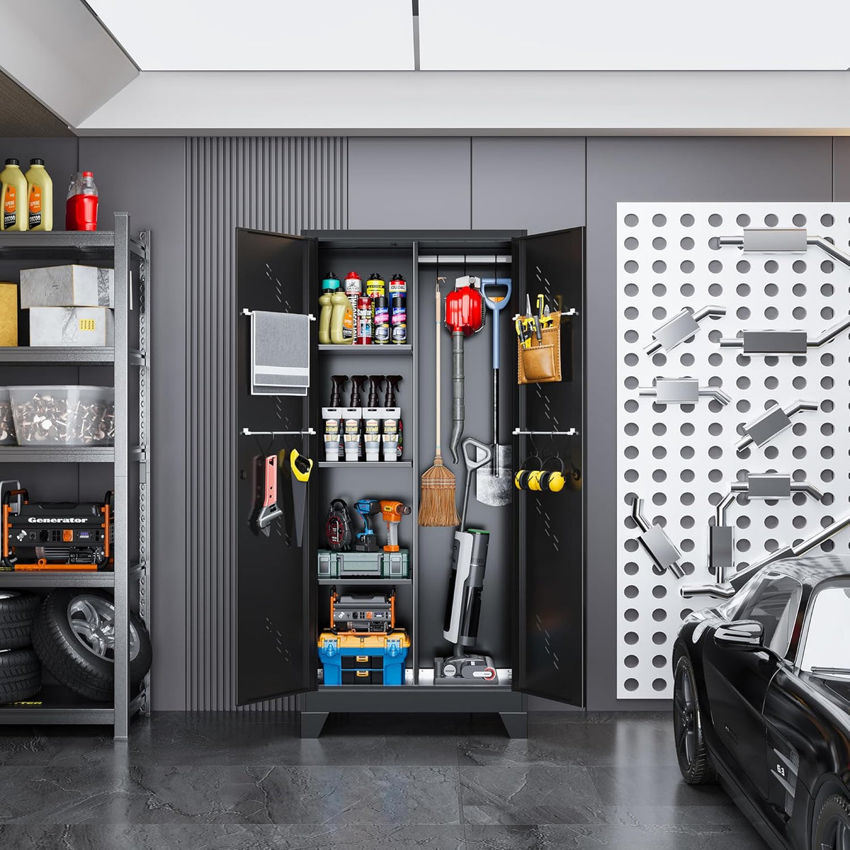 71" Metal Garage Tools Storage Cabinet with Doors and Shelves, Broom Tool Storage Filing Cabinets with Lock, Black Cleaning Supplies Organization Cabinet with Hanging Rod