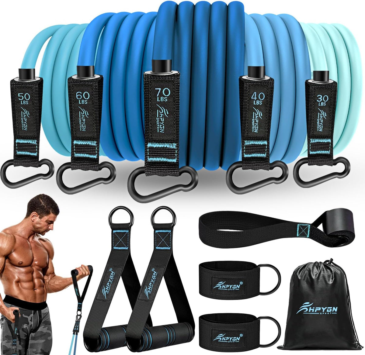 HPYGN Resistance Bands, Exercise Bands with Handles, Fitness Bands, Workout Bands with Door Anchor and Ankle Straps, for Heavy Resistance Training, Physical Therapy, Shape Body, Yoga, Home Workout Set