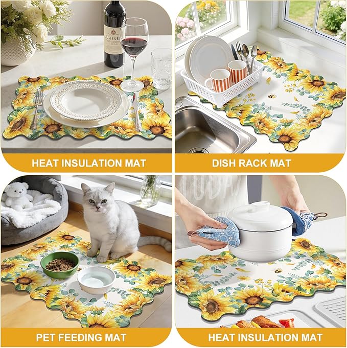 LOKHOM Scalloped Floral Dish Drying Mat, 17"x32" Super Absorbent Coffee Mat with Watercolor Yellow Sunflowers, Cuttable Hide Stain Non-slip Drying Mat for Kitchen Counter Coffee Maker Espresso Machine