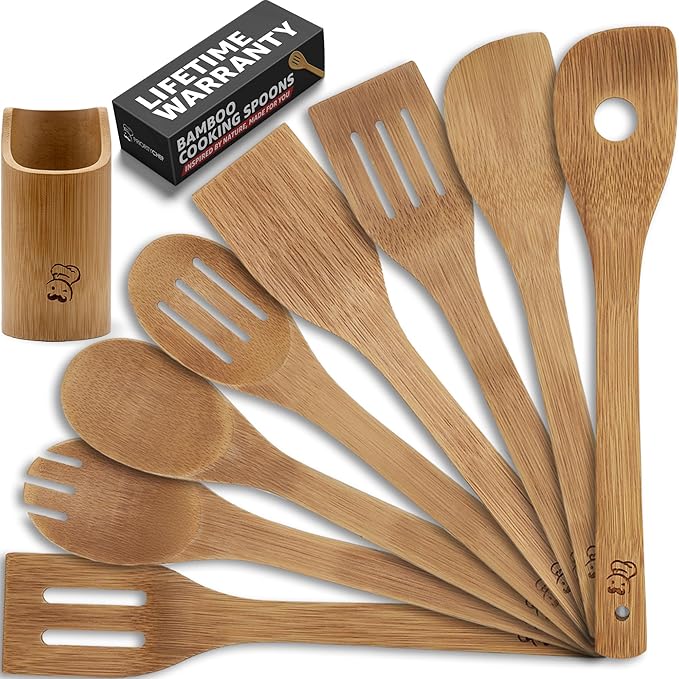PriorityChef Wooden Spoons for Cooking, 8Pc with Utensil Holder, Non Scratch Bamboo Cooking Utensils, Non-Toxic Wooden Utensil Set, Easy to Clean Kitchen Utensils Set for All Cookware Types