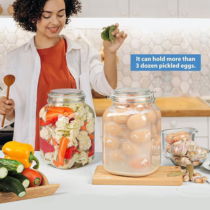 2 Pack 1 Gallon Square Super Wide-Mouth Glass Jars with Airtight Lids - Glass Storage Jars with 2 Measurement Mark - Canning Jars with Large Capacity, Sturdy For Canning, Overnight Oats, 4200 ML