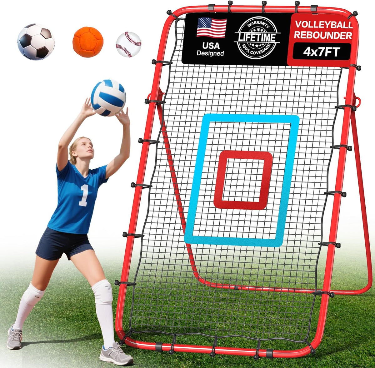 Volleyball Rebounder Net 7x4 Ft, 5-Angle Adjustable Rebounder Net for Practicing Digging, Setting, Spiking, Bounce Back Training Equipment with 2 Target Stripes & Portable Travel Bag for Storage