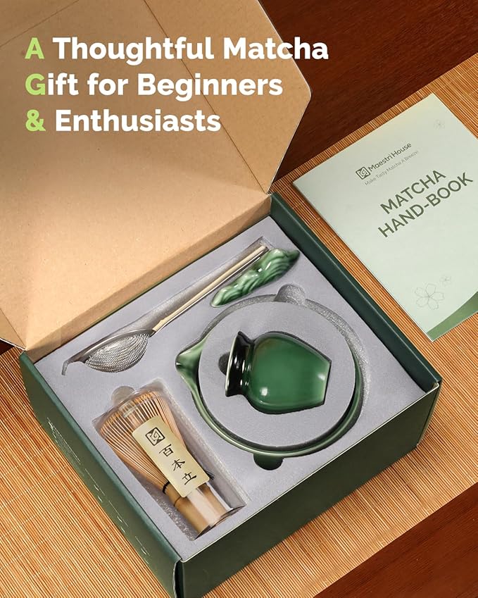 Maestri House Matcha Whisk Set, 7-Pc Complete Matcha Kit with Spouted Ceramic Bowl, Bamboo Whisk and Holder, Scoop, Spoon Rest & Sifter, Tea Cloth – Ideal Gift for Matcha Lovers (Emerald Kanso)