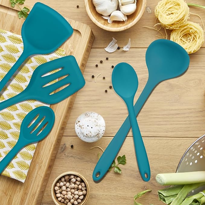 E-far 10 Pieces Silicone Cooking Utensils Set, Heat Resistant Kitchen Utensil Set for Nonstick Cookware, Kitchen Cooking Tools with Spatula, Spoon, Slotted Turner, Non-Toxic & Dishwasher Safe (Blue)