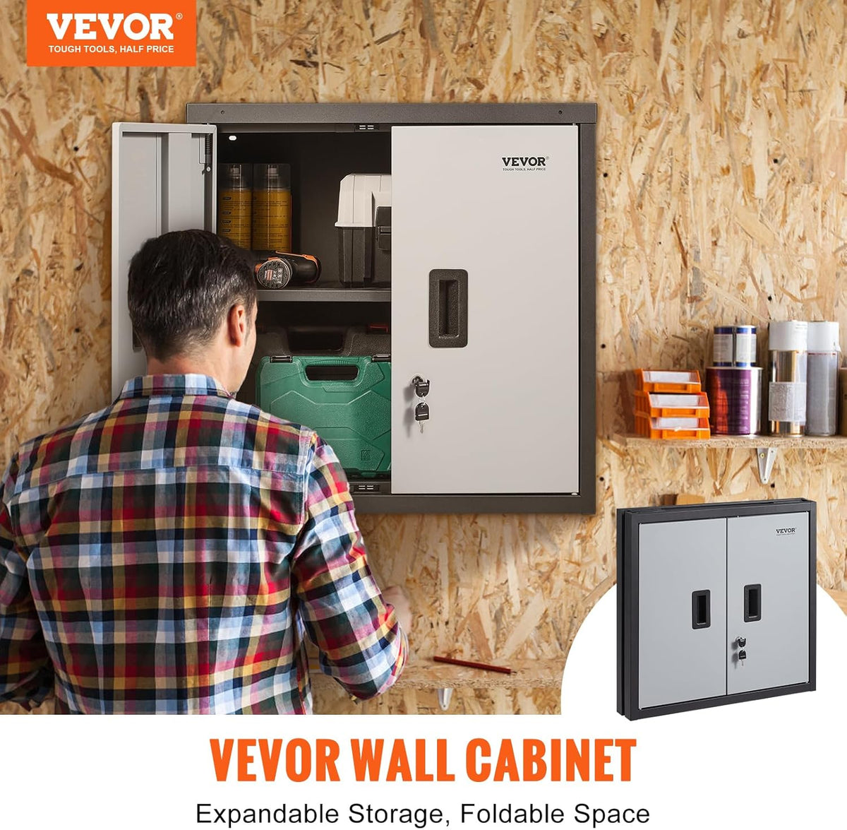 VEVOR Foldable Wall Cabinet, Metal Garage Locker Mounted 26" Small Tool Chest 240 LBS Loading Capacity Adjustable Shelf Magnetic Door File for Warehouse Office Home Black