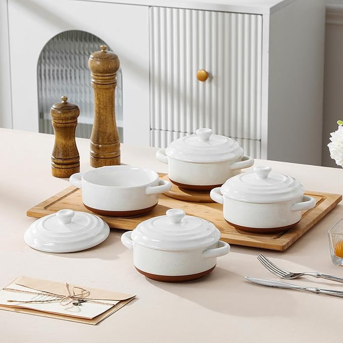 MALACASA Mini Cocotte Set - 12 OZ Small Casserole Dishes for Oven, Ramekins with Lids and Handles, Ceramic Mini Dutch Oven Set of 4, Microwave & Dishwasher Safe, Khaki White, Series TARA