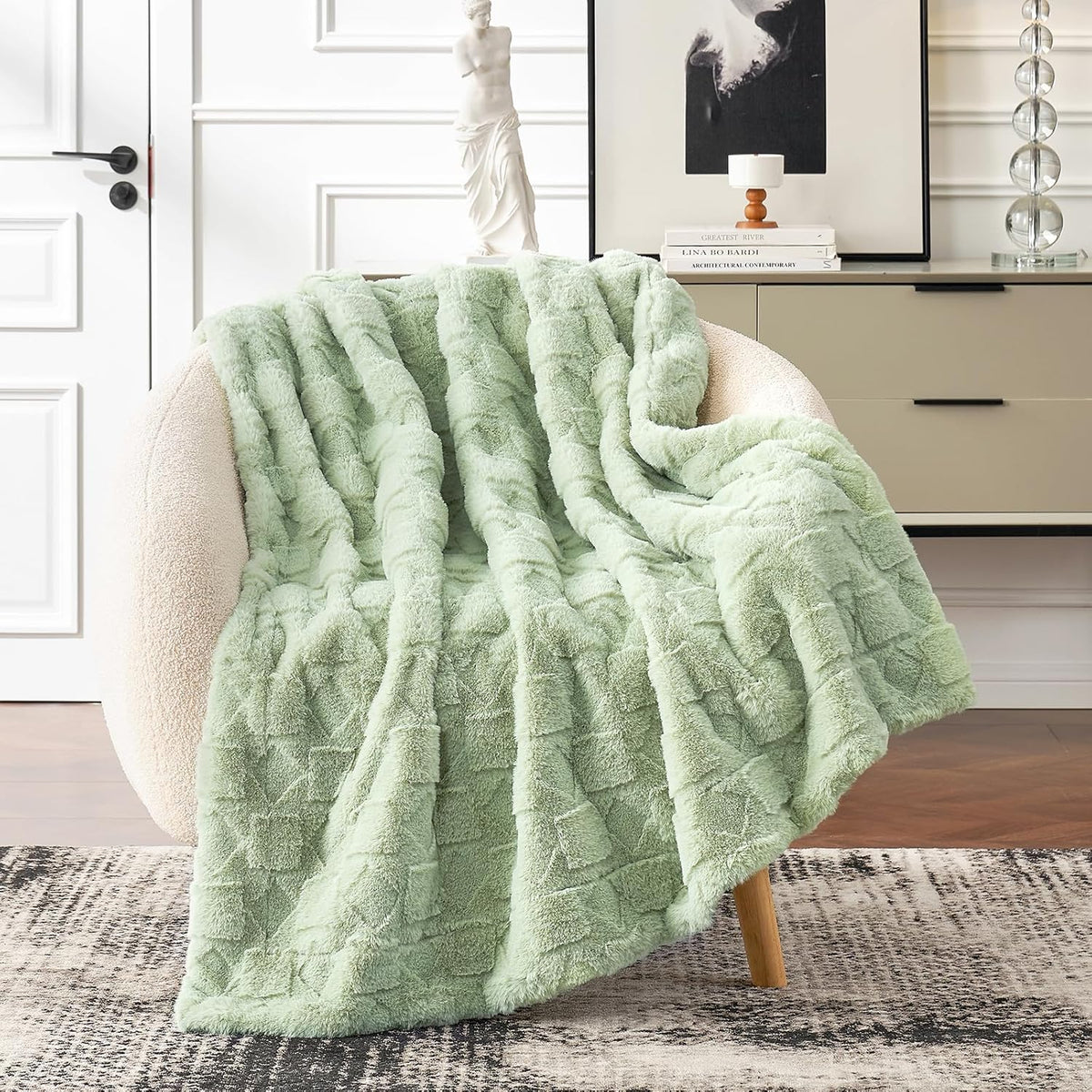 Cozy Bliss Faux Fur Throw Blanket for Couch - Soft Checkered Fuzzy Cozy Throw Gift Blankets for Women,Sage Green Boho Blanket for Sofa Bedroom Living Room.60 * 80 Inches