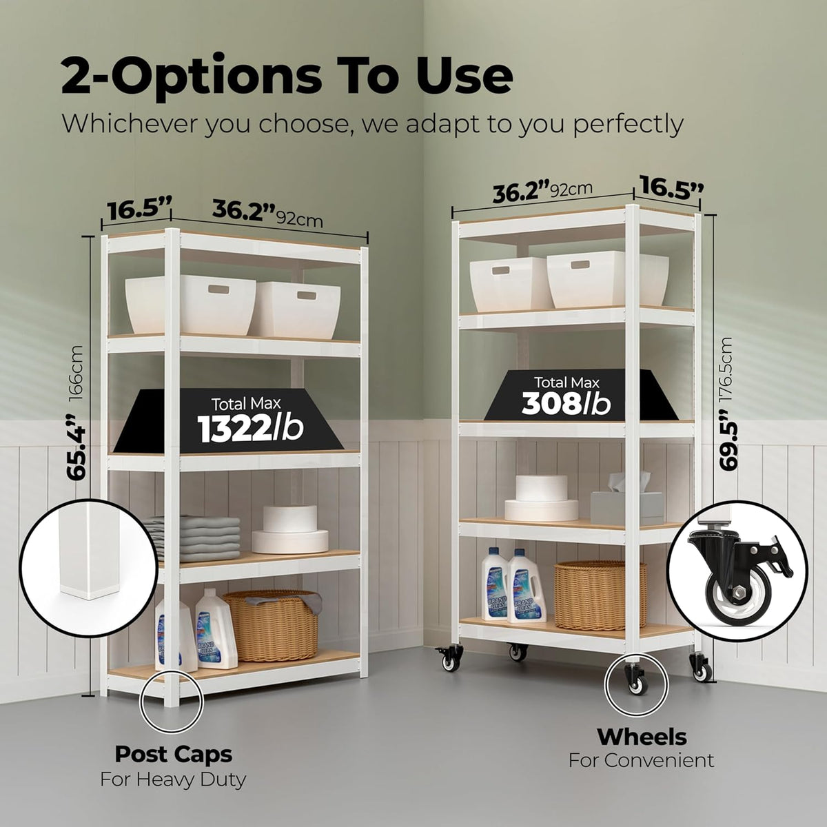 HOMEDANT House White 5-Tier Metal Rolling Cart Shelf Rack Casters Heavy Duty Wheel Shelving Unit Adjustable Utility Storage Shelves Organizer Shelf Kitchen Garage 36.2" W x 16.5" D x 69.5" H 3Pack