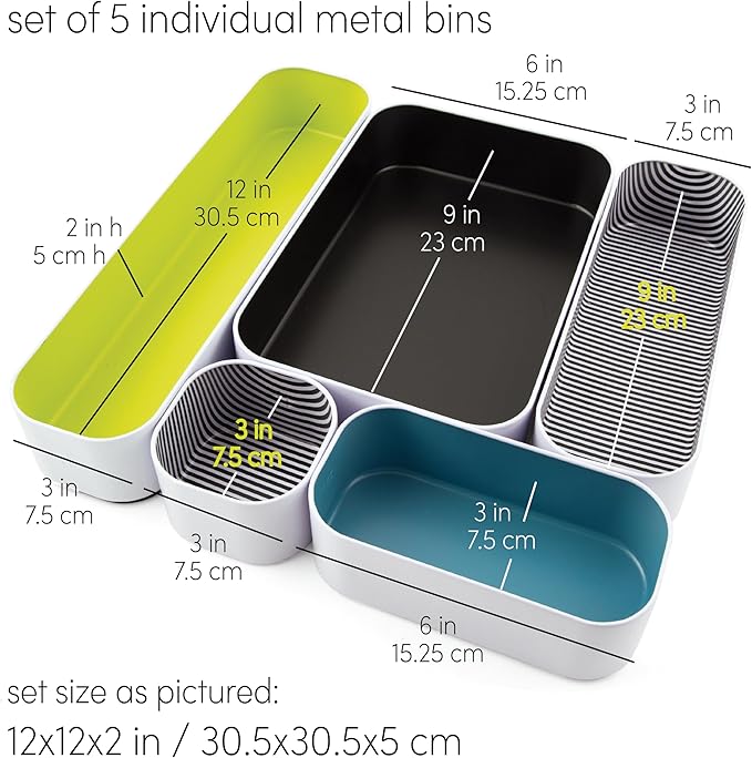Three by Three Seattle 5 Piece Metal Organizer Tray Set for Storing Makeup, Stationery, Utensils, and More in Office Desk, Kitchen and Bathroom Drawers (2 Inch, Assorted Colors, Stripes)