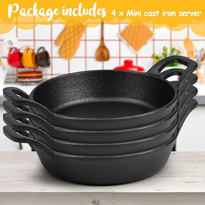 Mini Cast Iron Skillets 6.3 x 6.3 x 1.5 Inch Cast Iron Pan Small Ramekin Set Black Casserole Dish Cookware Oven Safe Mini Skillets for Kitchen Indoor Outdoor Picnic (4 Pack)