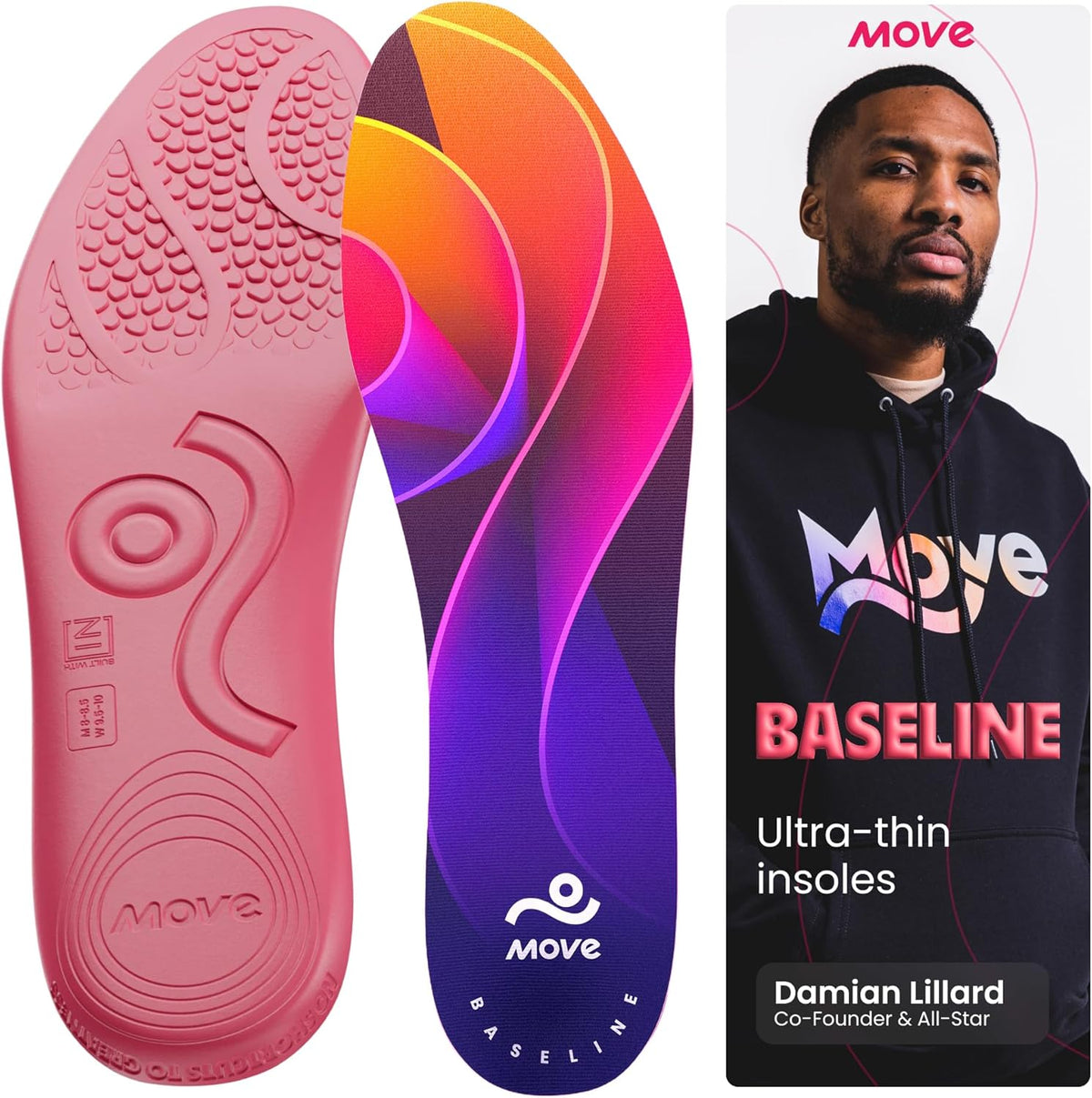 MOVE Baseline - All-Purpose Insoles - Sock Liner - Ultra Thin Shock Absorption - Maximum Freedom of Movement and Energy Return for Cleats, Shoes, Running, Basketball, Baseball (M16-16.5/WM17.5-18)