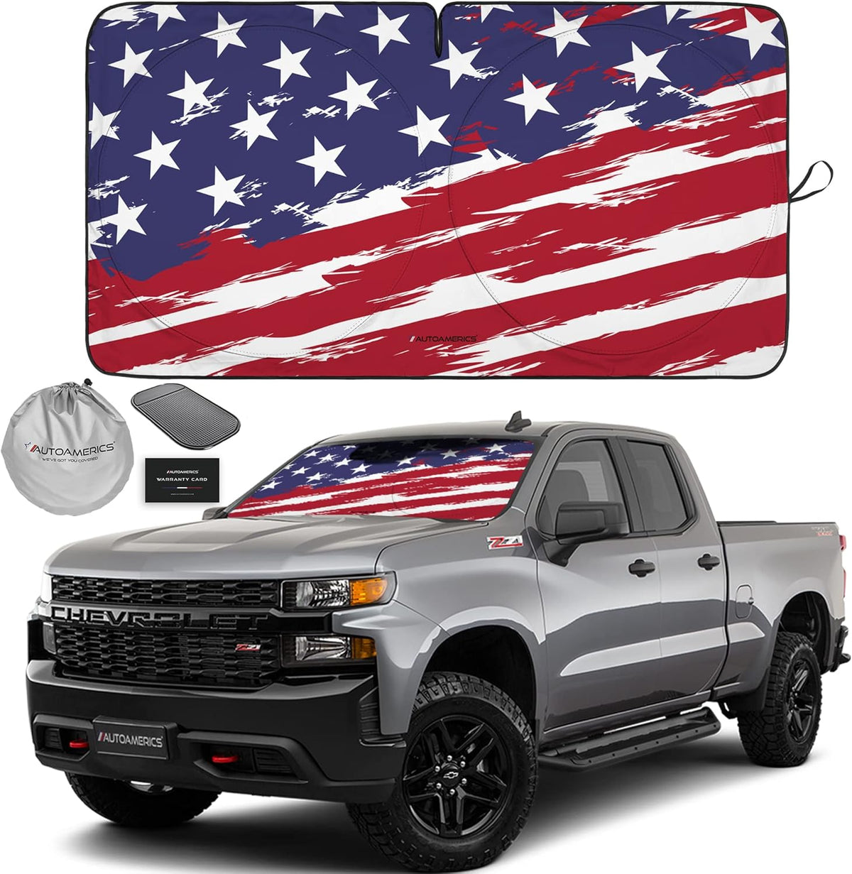 Autoamerics 1-Piece Windshield Sun Shade USA Art Flag - 2 American Design - Foldable Car Front Window Sunshade for Most Sedans SUV Truck - Blocks Max UV Rays and Keeps Your Vehicle Cool - Large