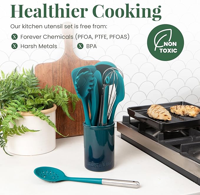 Larder & Vine 12-Piece Silicone Kitchen Cooking Utensils Set with Stainless Steel Handle and Ceramic Holder, Dishwasher Safe Set of Kitchen Essentials (Bondi)