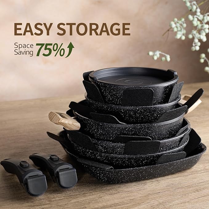 BECIGAR 23pcs Ceramic Pots and Pans Set, Nonstick Detachable Handle Cookware, Induction Kitchen Cooking Set with Removable Handle,include Frying Pans & Saucepans Oven Safe (Black)