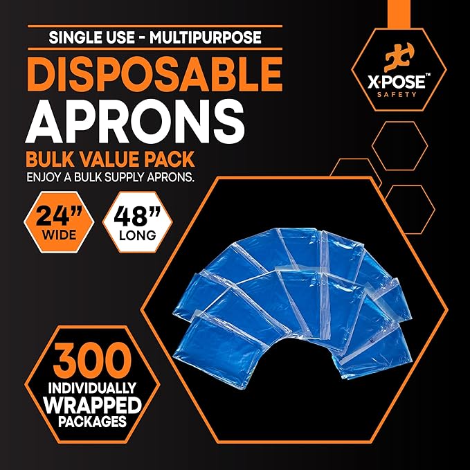Xpose Safety 300 Blue Plastic Disposable Aprons for Cooking & more Individually Packaged, Durable 1 Mil Waterproof Polyethylene 24" x 48"