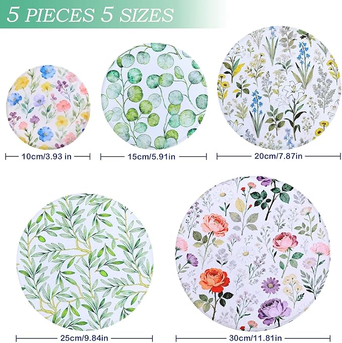 5 Pieces Bowl Covers Reusable, 5 Size Elastic Cloth Bowl Covers for Bread Proofing Stretch Food Covers Washable for Food Fruits Leftover (Rosa Chinensis)