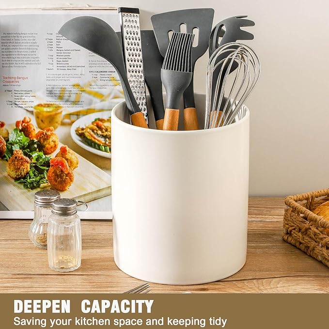 7" White Utensil Holder, Large Kitchen Utensil Holder Organizer , White Stable Utensil Crock Spatula Holder for Kitchen Counter Countertop Farmhouse Cooking Tools Holder