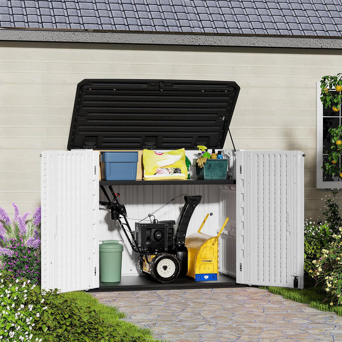 HOMSPARK Storage Shed Weather Resistance, Multi-Purpose Outdoor Storage Cabinet for Backyards and Patios, Horizontal Storage Shed for Lawnmower, Patio Accessories (Off-White, Large - 48 cu.ft)