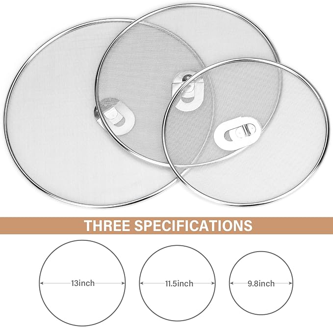 3 Pack Splatter Screen for Frying Pan 13" 11.5" 9.8" Stainless Steel Grease Splatter Guard Ultra Fine Mesh Lids with Fold Flat Knob Set for Prevent Oil Splatter