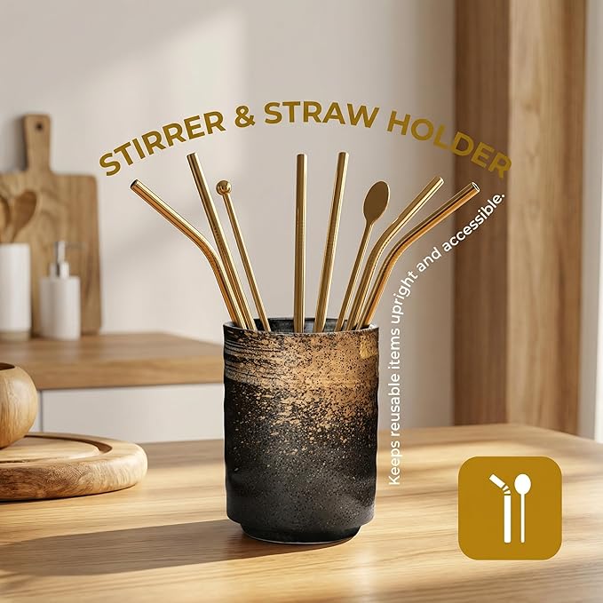 Ceramic Spoon Holder for Coffee Bar, Upright Tea Spoon Holder Cup, Coffee Stirrers Straws Stir Stick Holder, Blue Strips