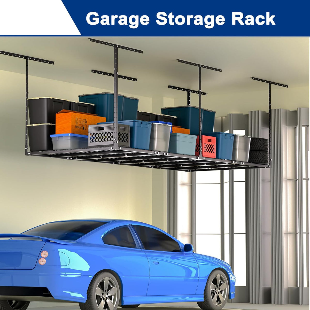 GIOTORENT 3x8FT Heavy Duty Overhead Garage Storage Rack - Adjustable Ceiling Shelving with 600lbs Weight Capacity, Metal Garage Organization System, Black