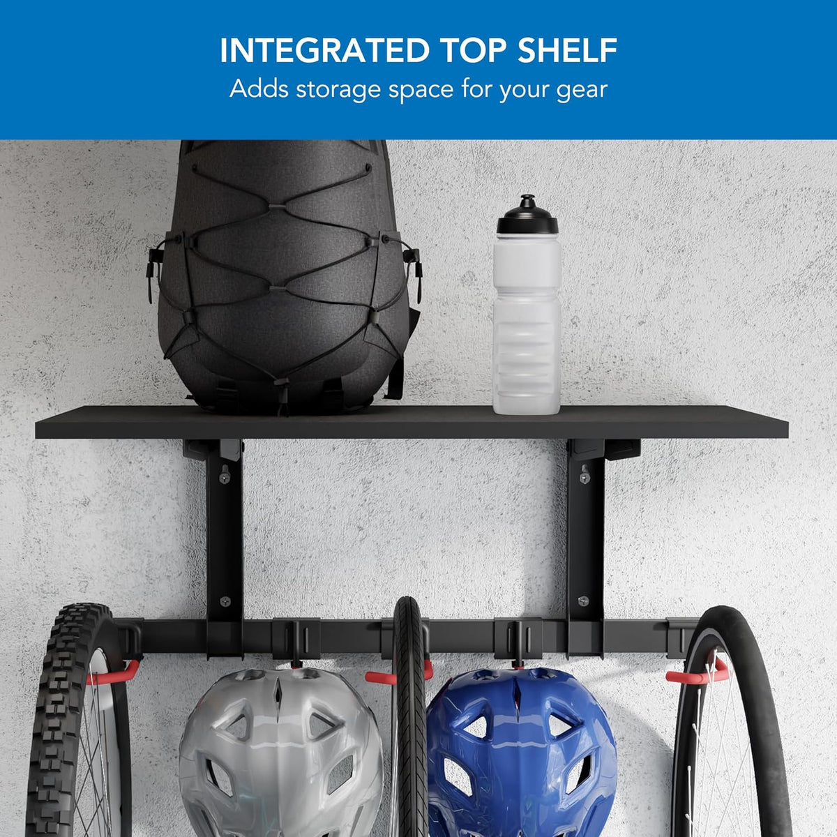 Mount-It! WheelsUp Bike Wall Mount with Shelf | Garage Storage Rack for 3 Bikes & Accessories | Adjustable Padded Hooks, 110 lb Shelf Capacity | Ideal Bike Rack Garage Wall Mount for Organized Spaces