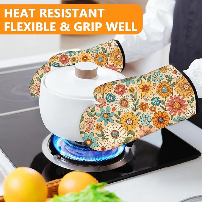 Boho Floral Oven Mitts and Pot Holders Sets 4Pcs,Extra Long Oven Gloves Potholder for Kitchen Cooking Baking BBQ 100% Cotton Heat Resistant