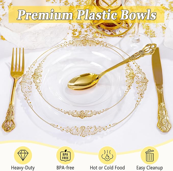 100PCS Clear Gold Plastic Bowls - 12 oz Clear Disposable Salad Bowls - Heavy Duty Disposable Soup Bowl - Fancy Plastic Ice Cream Bowl for Weddings, Thanksgiving Parties, Dinners, Picnics,