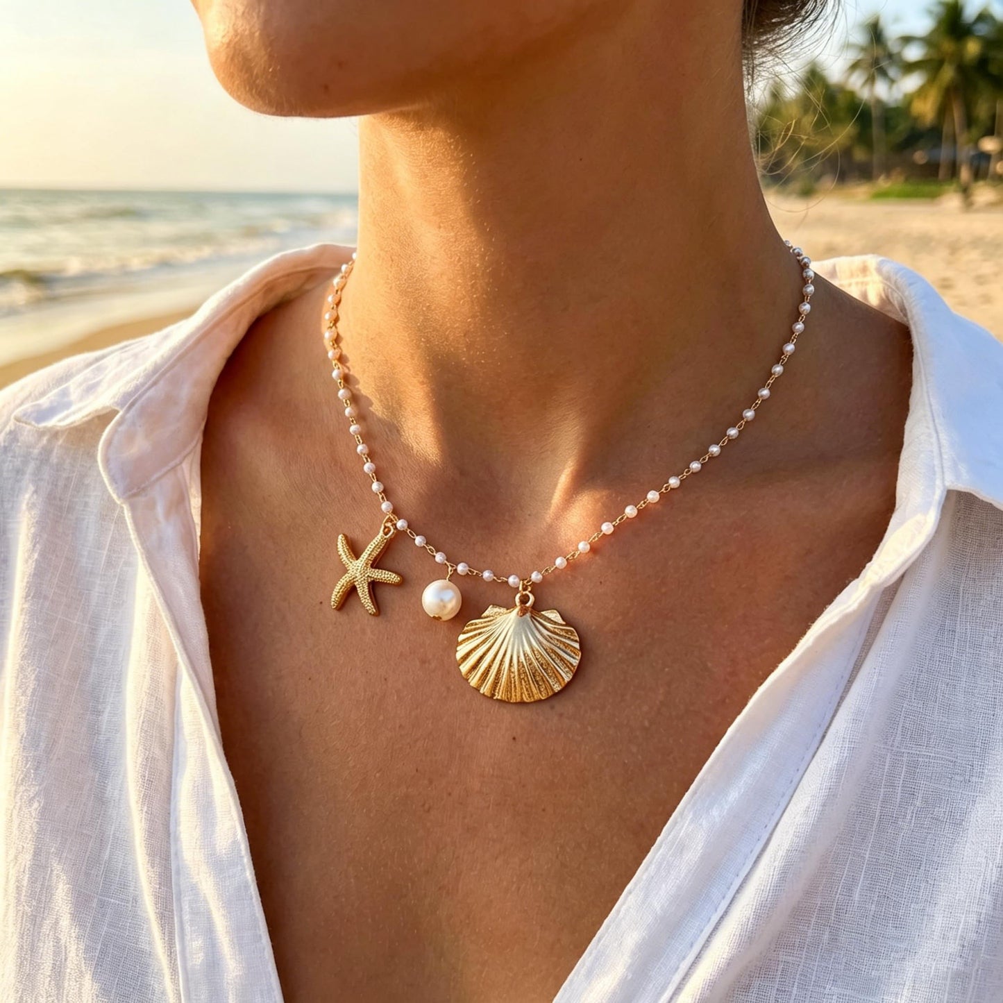 Gold Starfish Seashell Pearl Necklace for Women Gold Pearl Beaded Choker Necklace Summer Boho Starfish Seashell Charm Pendant Necklaces Beach Mermaid Jewelry Accessories