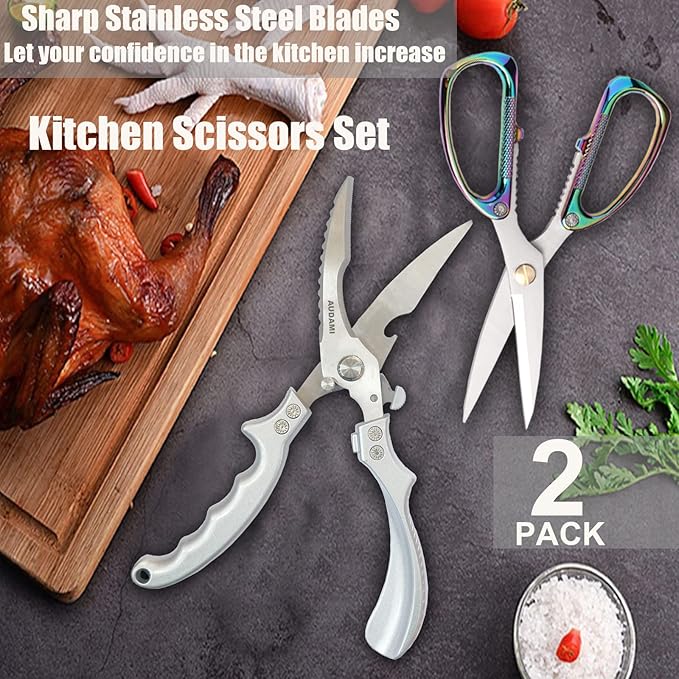 2-Piece Kitchen Shears Set, Heavy Duty Professional Poultry Meat Scissors,Multi-Purpose Stainless Steel, Dishwasher Safe