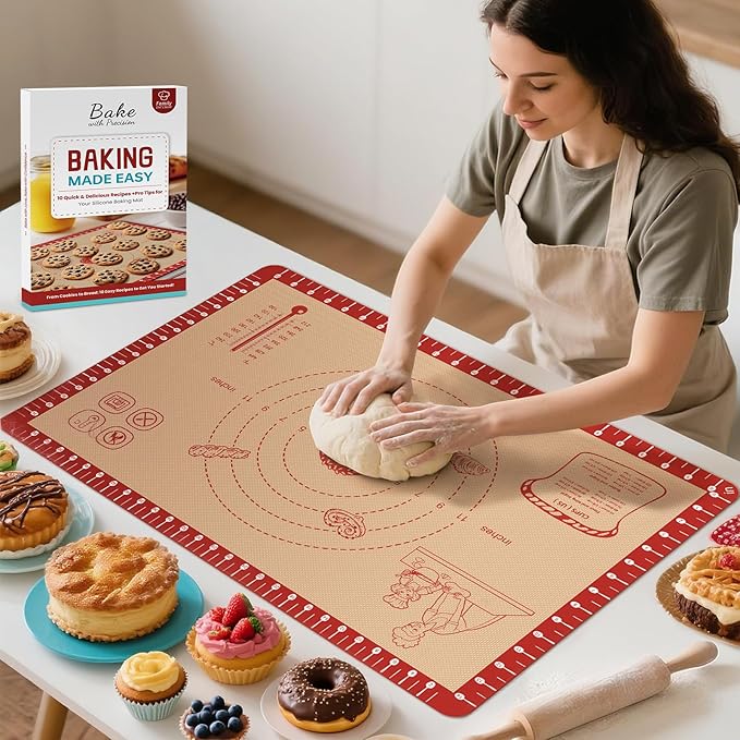 Silicone Macaron Baking Mat with 10 Easy Recipes, Extra Thick Silicone Mats for Baking, Non Stick Pastry Mat for Dough Rolling, Heat Resistant Silicone Bread Cookie Pizza Oven Mat with Measurement