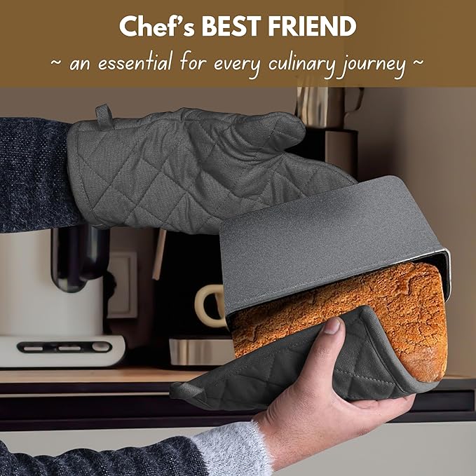 Native Fab Farmhouse Oven Mitts and Pot Holders Set of 4, Heat Resistant Non-Slip Machine Washable, 100% Cotton Kitchen Pot Holders Oven Mitts Sets Grey