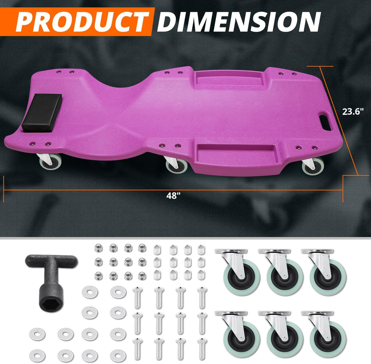 DNA MOTORING 48 Inches Heavy-Duty Low-Profile Roller Automotive Creeper with Padded Headrest, Purple, TOOLS-00239-PR