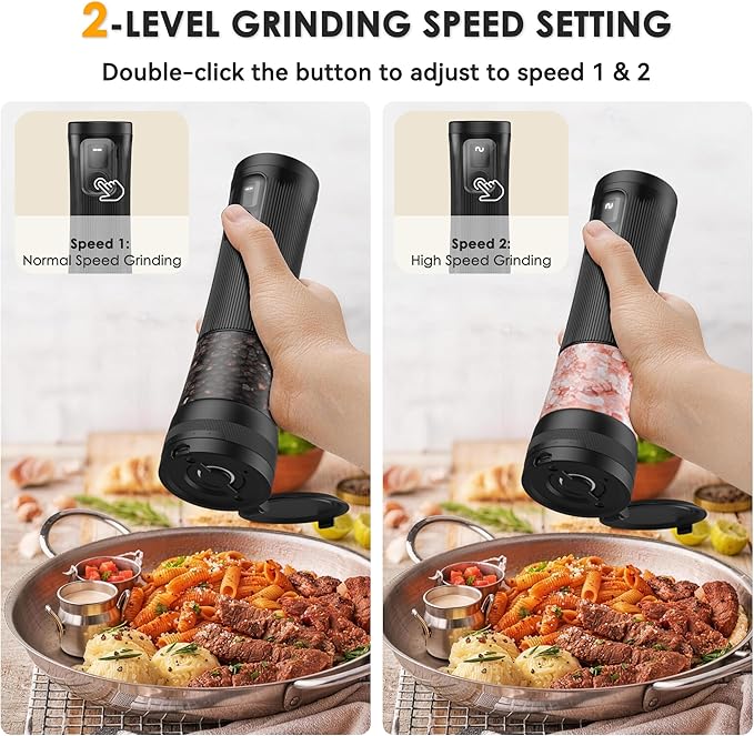 Electric Salt and Pepper Grinder Set, Upgrade 2-Speed Setting, External 5 Adjustable Coarseness, Rechargeable Automatic Salt & Pepper Shakers Mill with Battery Display, Storage Base & Led Light, Black