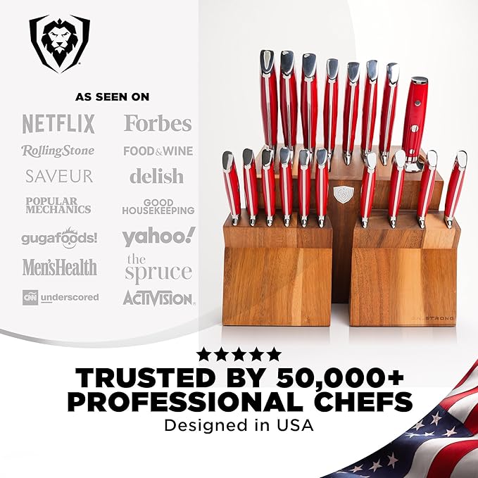 Dalstrong 18-Piece Gladiator Colossal Knife Block Set (Red Handles) — German High-Carbon Steel, Full-Tang, Hand-Sharpened — For Home Chefs, Wedding Registries & Serious Kitchens — Acacia Block, NSF