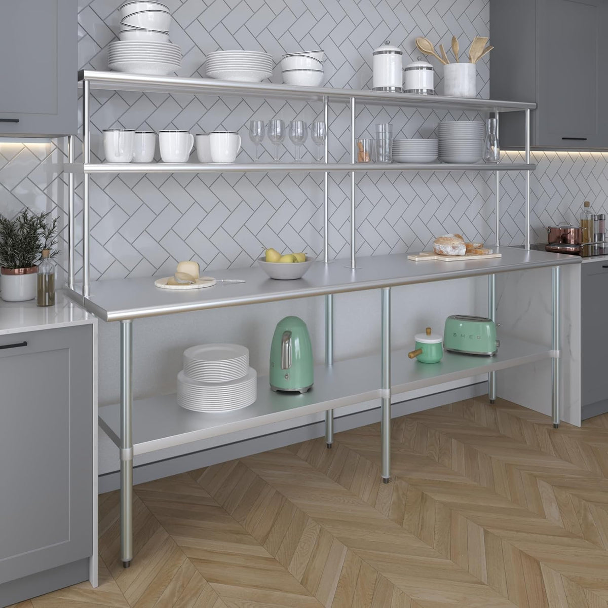 Amgood Stainless Steel Work Table Double Tier Overshelf | Metal Kitchen Prep Table & Shelving Combo (24" x 96" Work Table + 12" Overshelf)