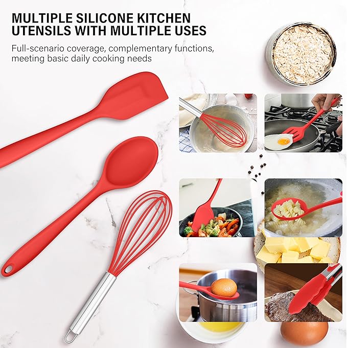 HaWare 11 PCS Silicone Cooking Utensils Set, Heat Resistant Kitchen Utensils with Holder, Food-grade Spatula Sets for Nonstick Cookware, Kitchen Tools Gadgets Include Fish Turner, Spoon (Red)