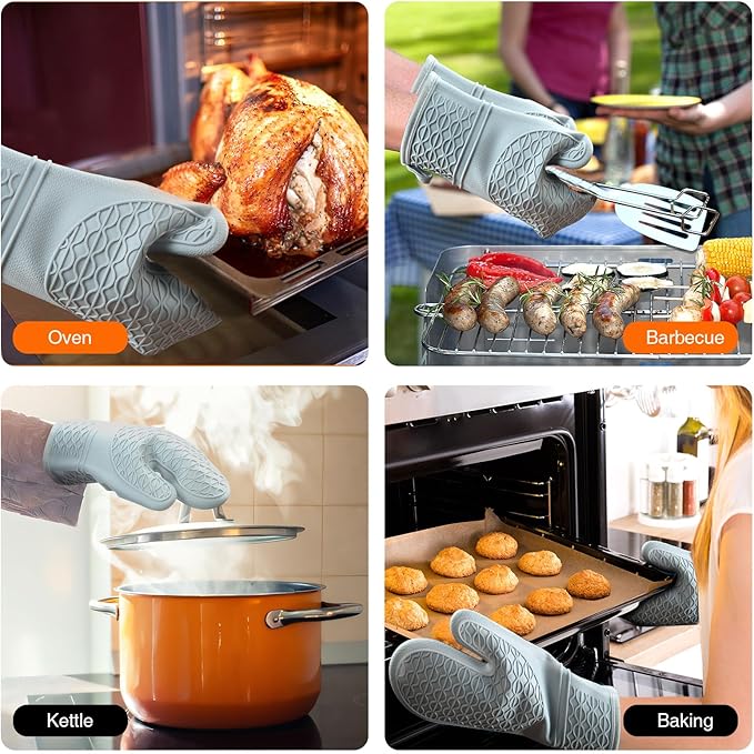 Silicone Oven Mitts, Heat Resistant 2PCS Oven Mitts with Soft Cotton Lining, Waterproof Non-Slip Grip Oven Glove, Kitchen Potholder Mits for BBQ, Baking, Cooking, 12.5 Inch - Grey